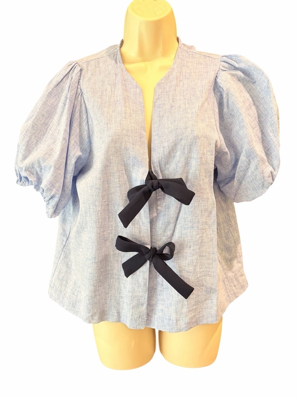 Zara Light Blue Puff Sleeve Blouse with Navy Bow Details Small - Picture 2 of 8